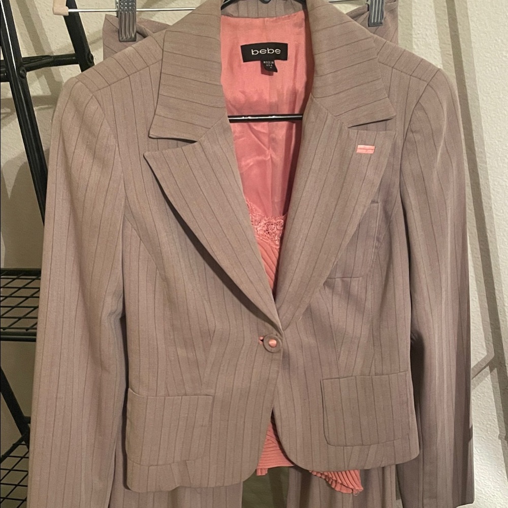 Bebe Taupe Pinstripe Blazer and Skirt with Pink Lining
